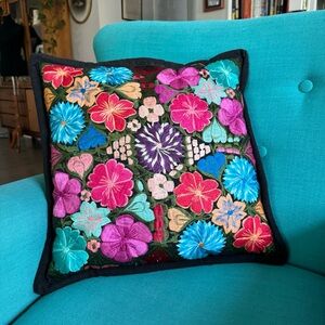 Vintage Floral Jewel Tone Silk Embroidered Accent Pillow